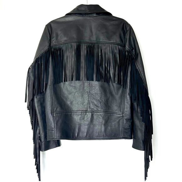 EUC ASOS 100% Real Leather Fringe Moto Jacket Sz Small Black Western Boho Biker - Picture 4 of 16